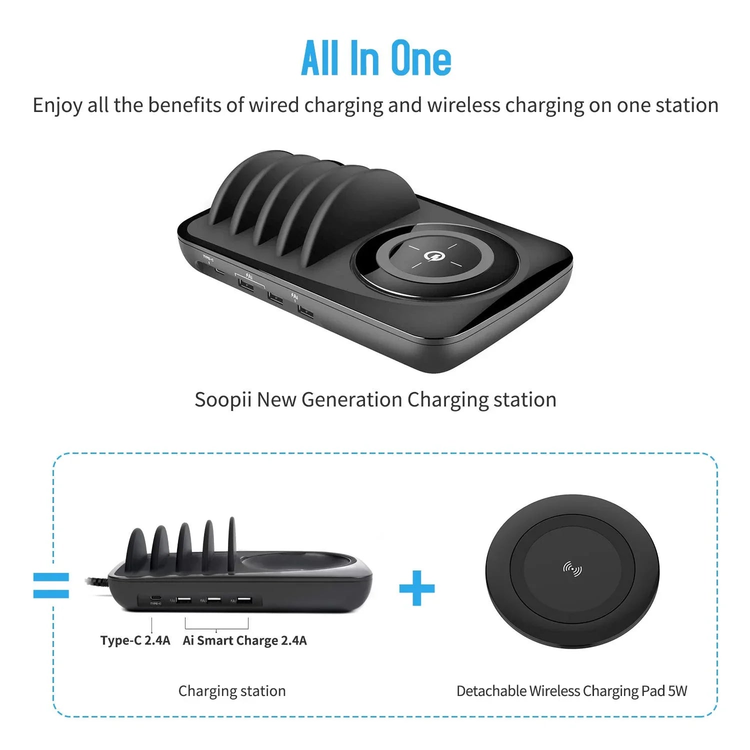 Soopii Wiv6 - 5In1 - 4 Ports Usb and Wireless Charging Station - Black - Tashqila Soopii Wiv6 - 5In1 - 4 Ports Usb and Wireless Charging Station - Black - Tashqila